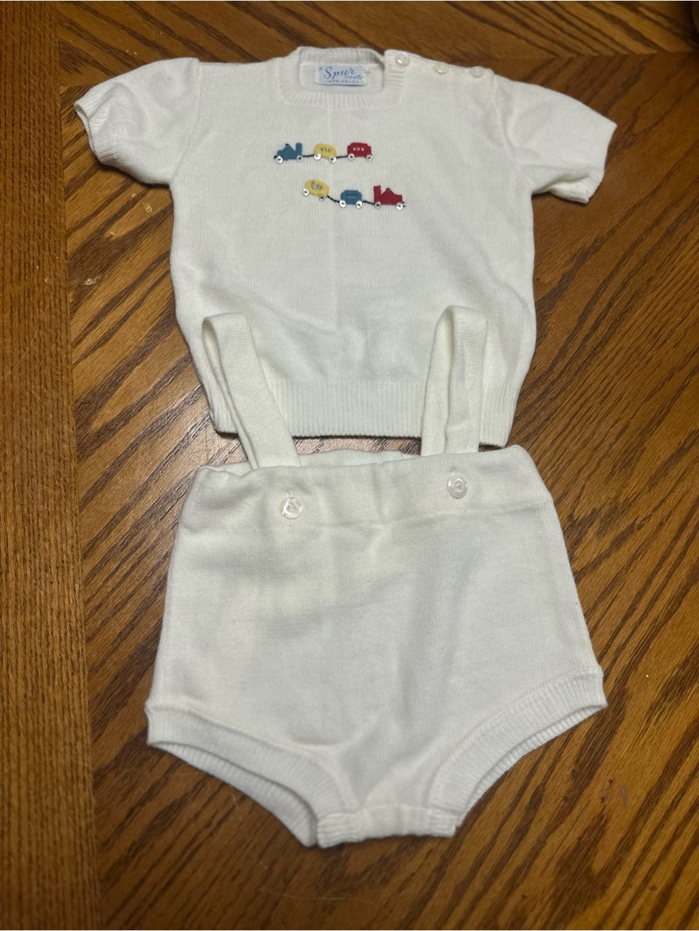 Vtg Spur Creations Cream Knit Baby Suspender Short Set with Colorful Train